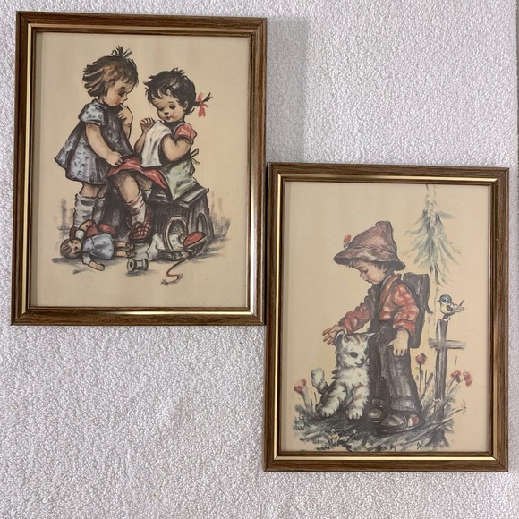 Vintage Framed Art Prints Set Kids Playing Boy With Kitten - Picture 1 of 10